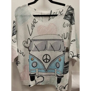 L31 Loowie White Love Van Round Neck Knit Printed Sweater One Size